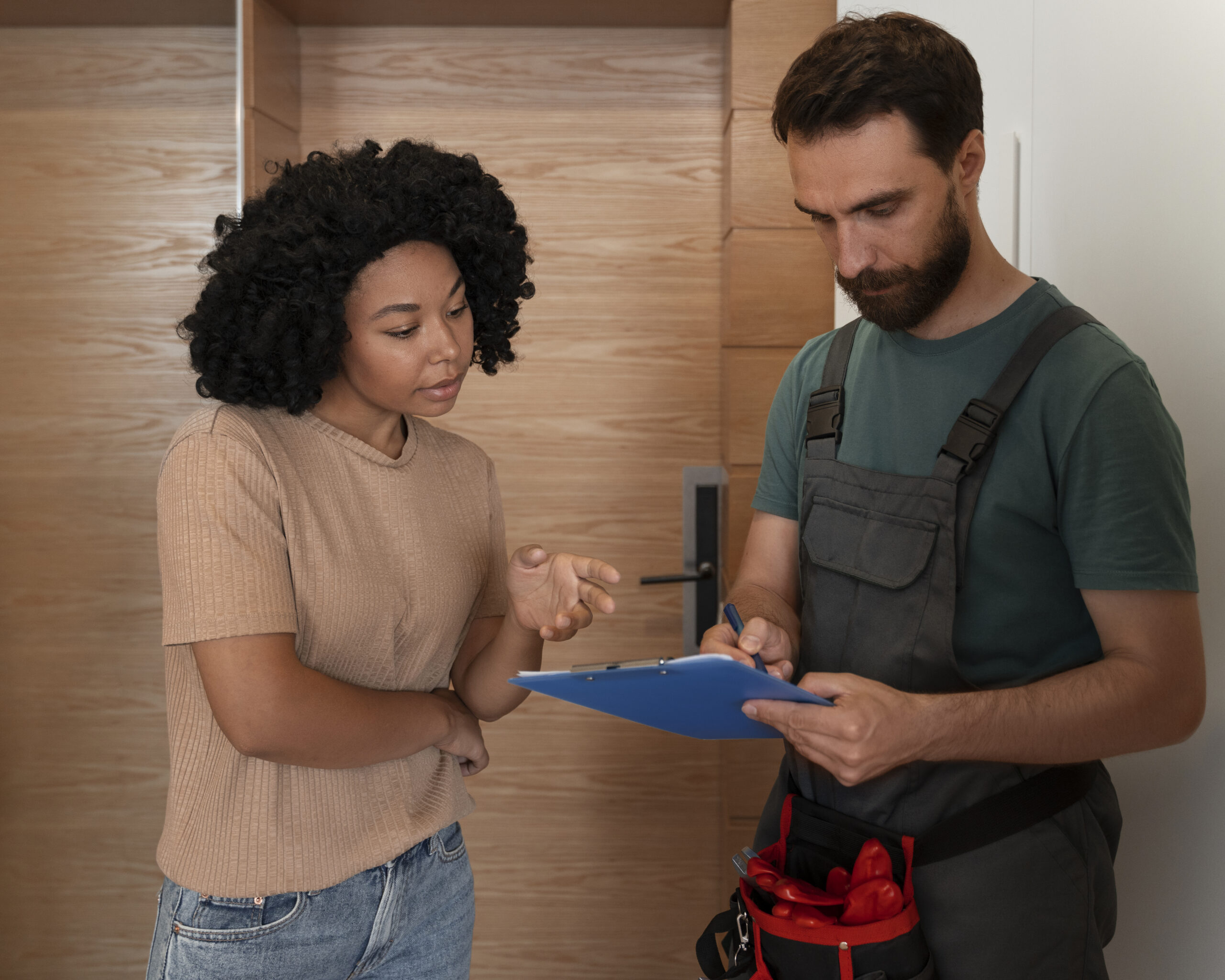 Técnico de manutenção com uniforme Flix Home a cumprimentar cliente sorridente em frente a uma casa em Portugal.